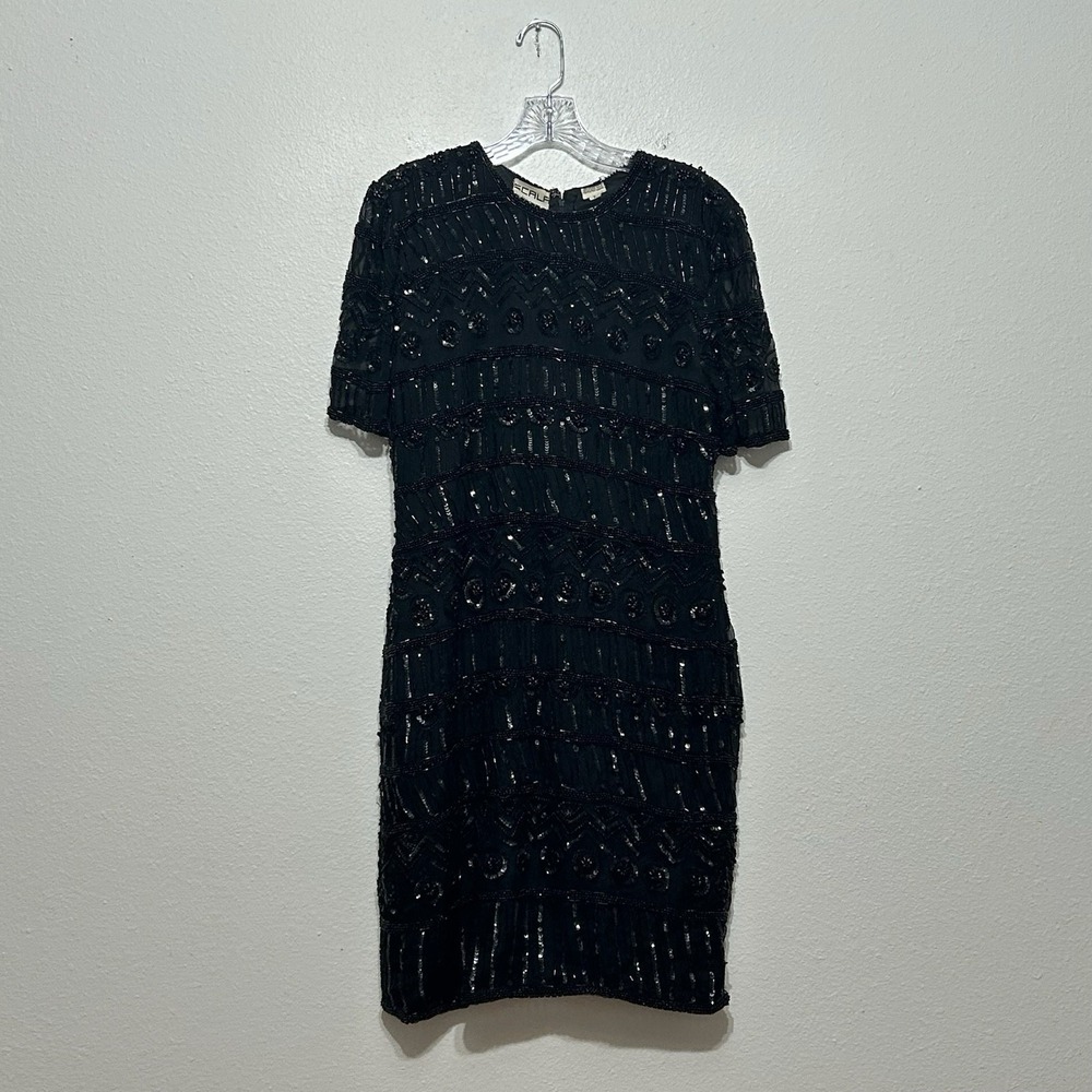 Scala‎ Milano Paris LA Black Beaded Short Sleeve Dress 100% Silk Womens Size L